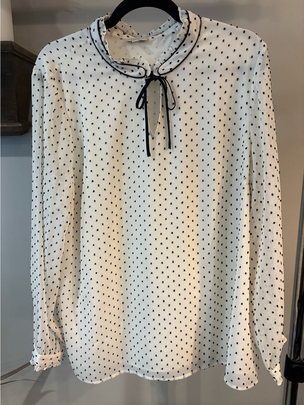 Talbots white Blouse with Black Polka Dot and feminine Trim - size XL
